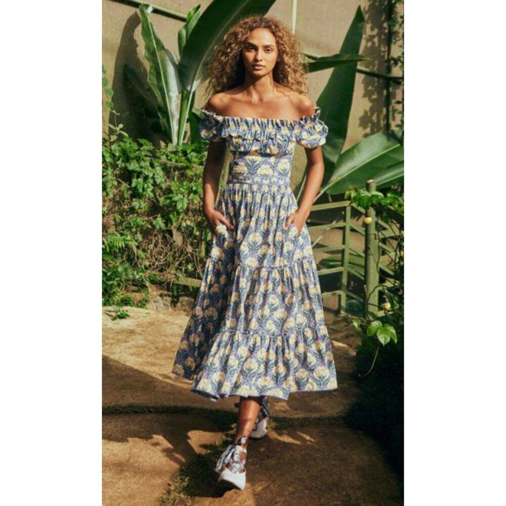 AGUA BY AGUA BENDITA Banana Off-the-Shoulder Tiered Midi Dress Size S